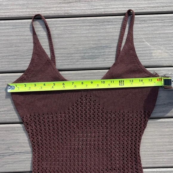 Brown Fishnet; Slip On; Swim Cover Dress; Spaghetti Straps; Ruffled Bottom; L - Picture 5 of 10